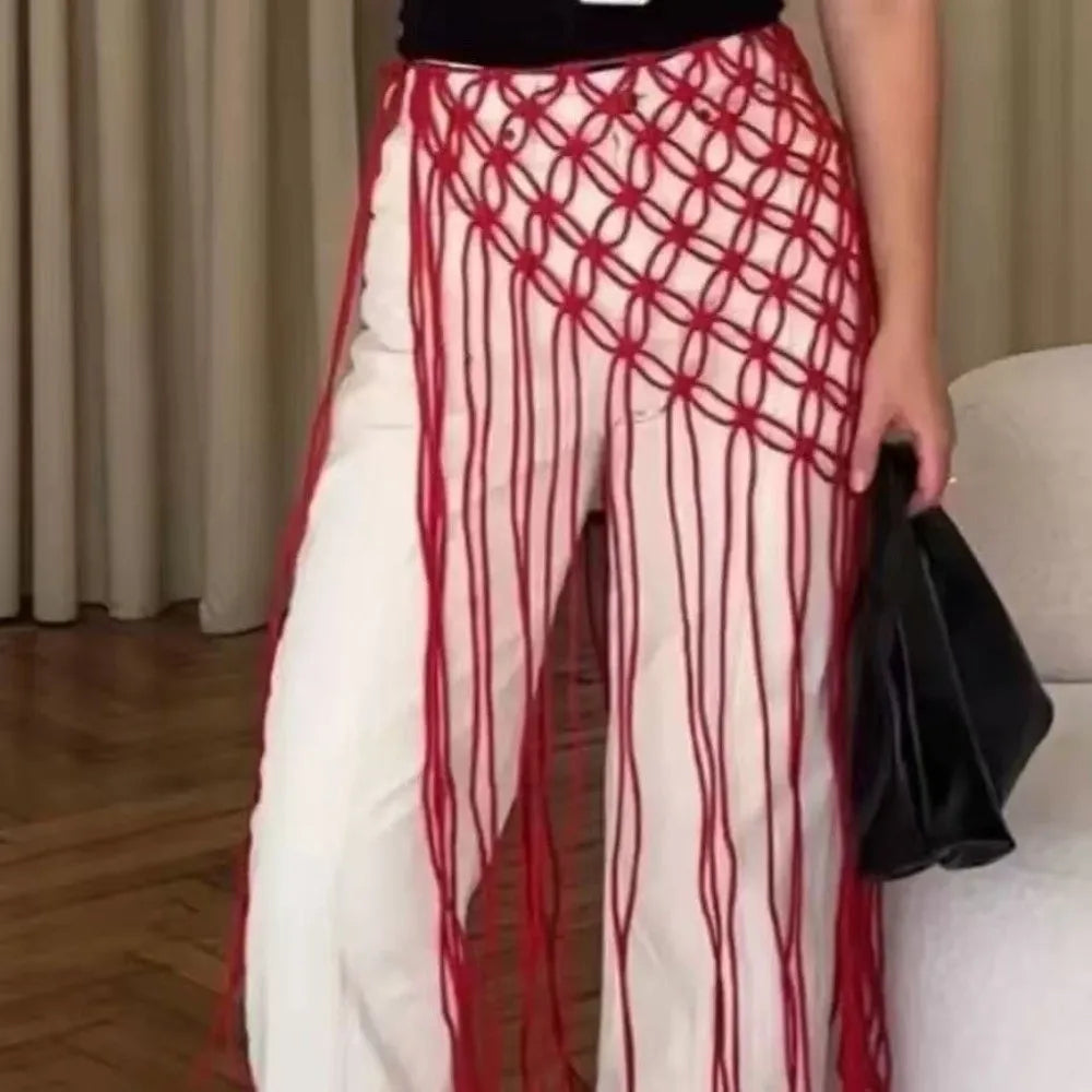 Handwoven Mesh Tassel Waist Belt Woven Ethnic Ancient Waist Decoration Versatile Adjustable Belted Skirt Women's Fashion