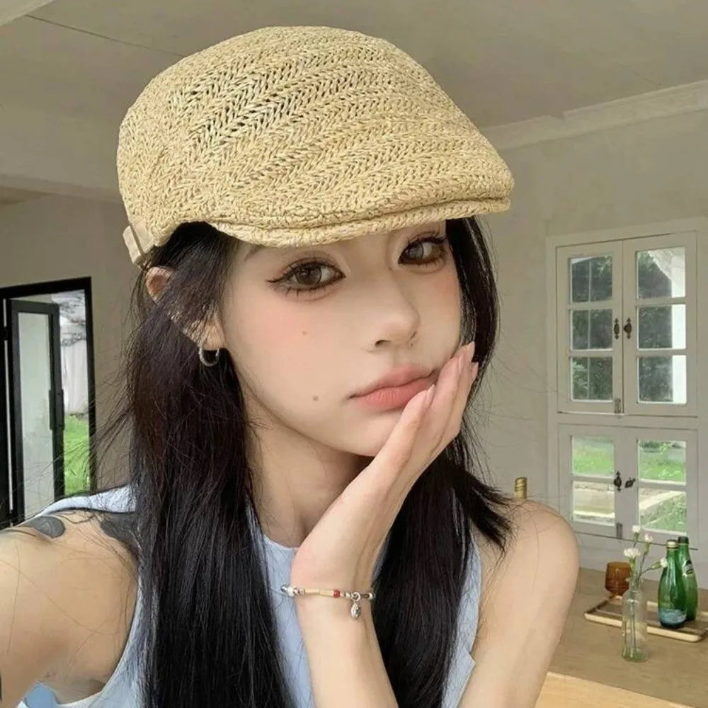 Berets for Men Women Breathable Straw Spring Summer Sun Hat Artist Painter Beret Hat Adjust Flat Cap Unisex Beret Cap