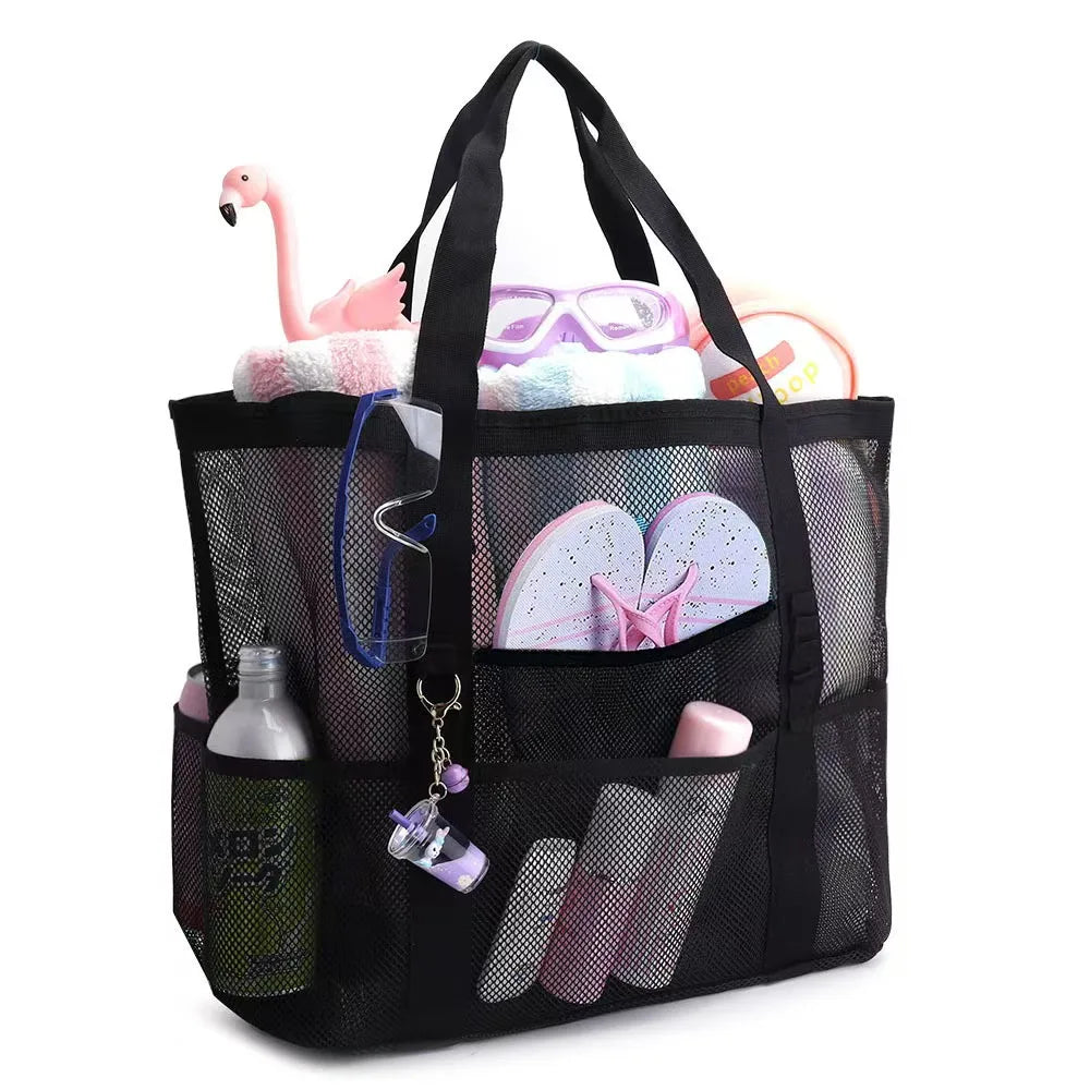 1pc Extra Large Mesh Beach Bag, Breathable Mesh Tote with Zipper & Side Pockets, Portable Large Capacity Finishing Organizer Bag