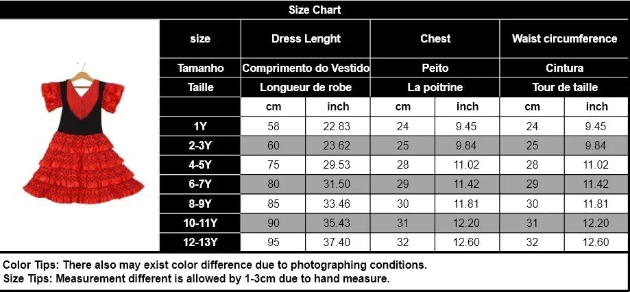 Girls Spanish Flamenco Dance Cosplay Long Dress Kids Carnival Ballroom Stage Outfit for Festival Theme Party Dress‑Up