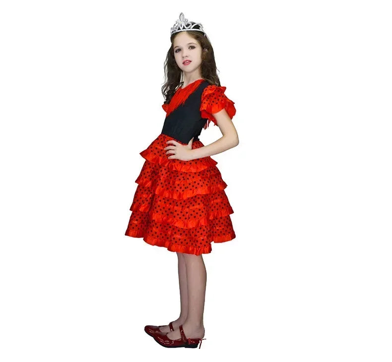 Girls Spanish Flamenco Dance Cosplay Long Dress Kids Carnival Ballroom Stage Outfit for Festival Theme Party Dress‑Up