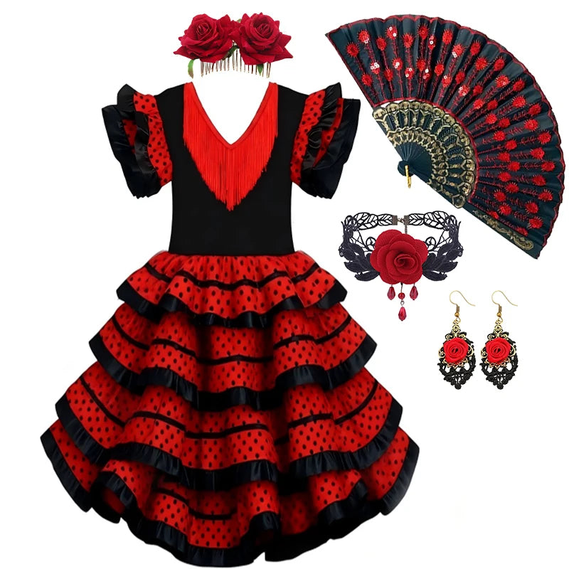 Girls Spanish Flamenco Dance Cosplay Long Dress Kids Carnival Ballroom Stage Outfit for Festival Theme Party Dress‑Up