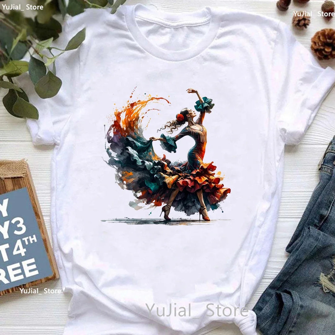 Flamenco Dancer Printed T Shirt Women'S Clothing White Pink Beautiful Tshirt Female Summer Fashion Tops Tee Shirt Femme