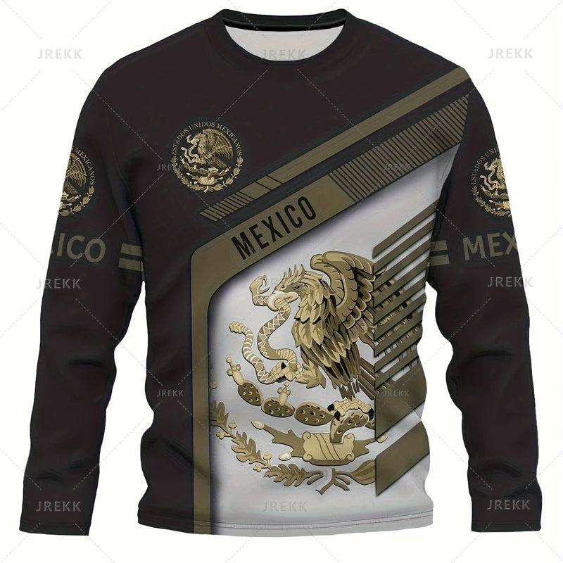 Mexican Flag Map 3D Printing Long Sleeve T Shirt Mexico Flag AZTEC Graphic  Long Sleeve Crew Neck Shirt Oversized T Shirt Men