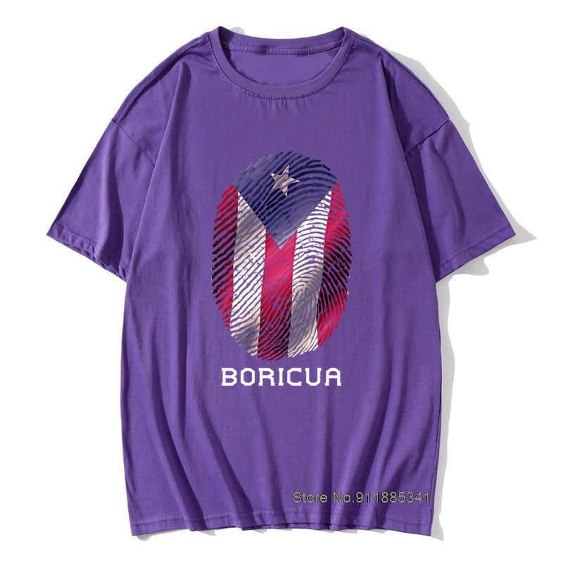 Puerto Rico Gifts T-shirt Men Flag T Shirt Fingerprint Tops Tees Vintage Striped Tshirts Summer 100% Cotton Cute Black Red