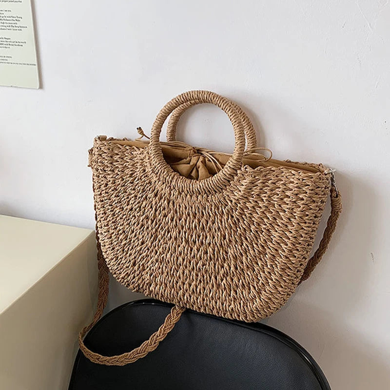 Straw Woven Handbags For Women Handmade Travel Seaside Beach Bag Summer New Handle Bucket Bag Shopping Tote Bag Basket Bolsa