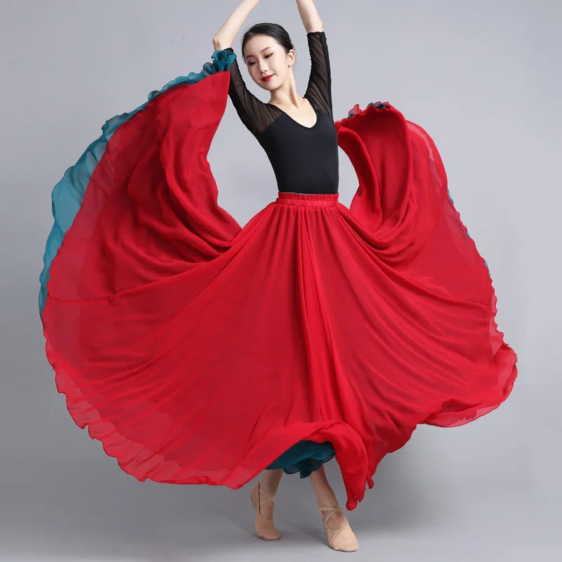 Flamenco Chiffon 720 Degrees Dance Skirt For Women Solid Color Long Dancer Practice Wear Skirts Chinese Style Skirt With Big Hem
