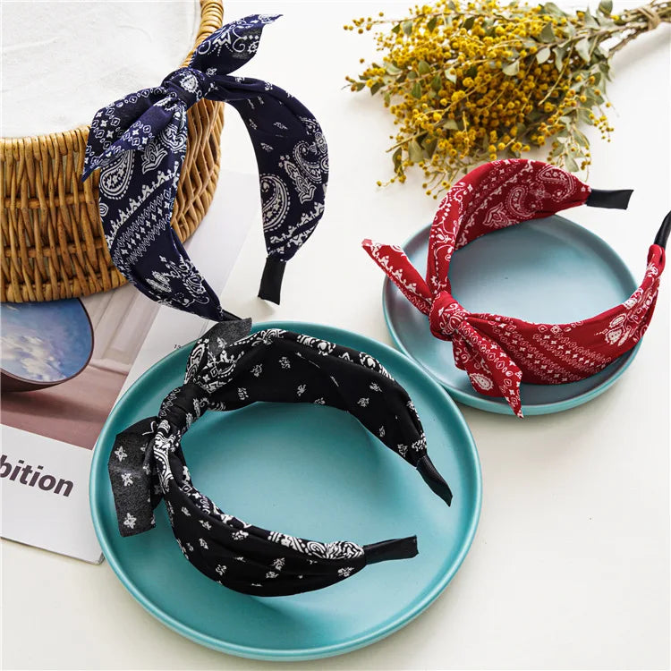Fashion Paisley Bandana Headband for Women Top Knotted Bow Hairbands Cute Rabbit Ear Turban Headwrap Hair Band Girls Accessories