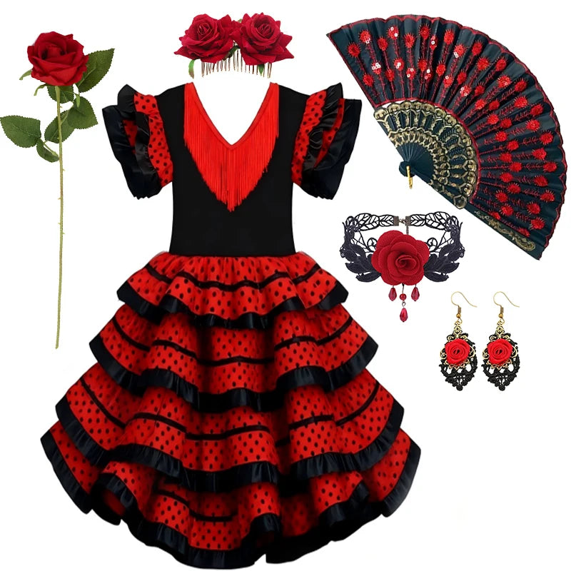 Girls Spanish Flamenco Dance Cosplay Long Dress Kids Carnival Ballroom Stage Outfit for Festival Theme Party Dress‑Up