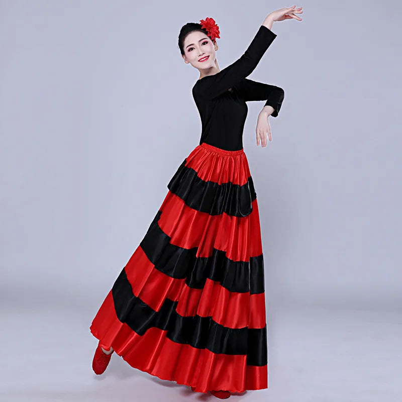 Women Spanish Flamenco Bullfight Dance Skirt Red Black Striped Swing Long Skirt Belly Dance Folk Performance Dance Half Skirt