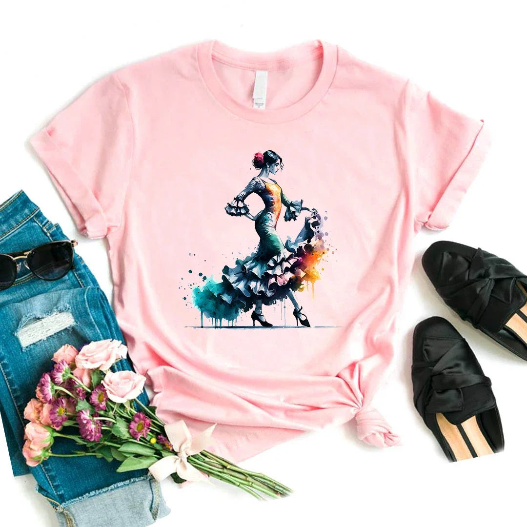 Flamenco Dancer Printed T Shirt Women'S Clothing White Pink Beautiful Tshirt Female Summer Fashion Tops Tee Shirt Femme