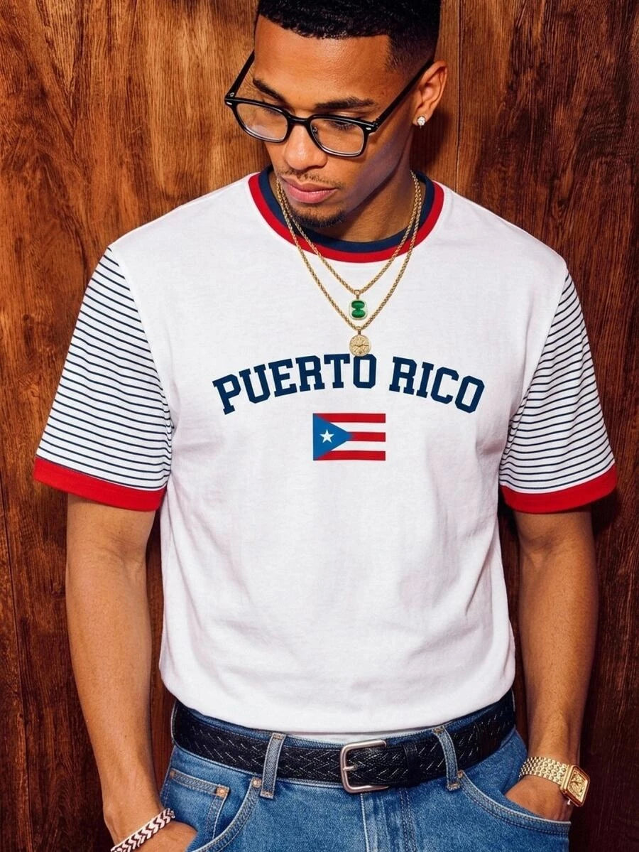 2026 Puerto Rico Patriotic Letter 3D Print Striped Raglan Sleeve Crew Neck T-Shirt Unisex Casual Streetwear Short Sleeve Top