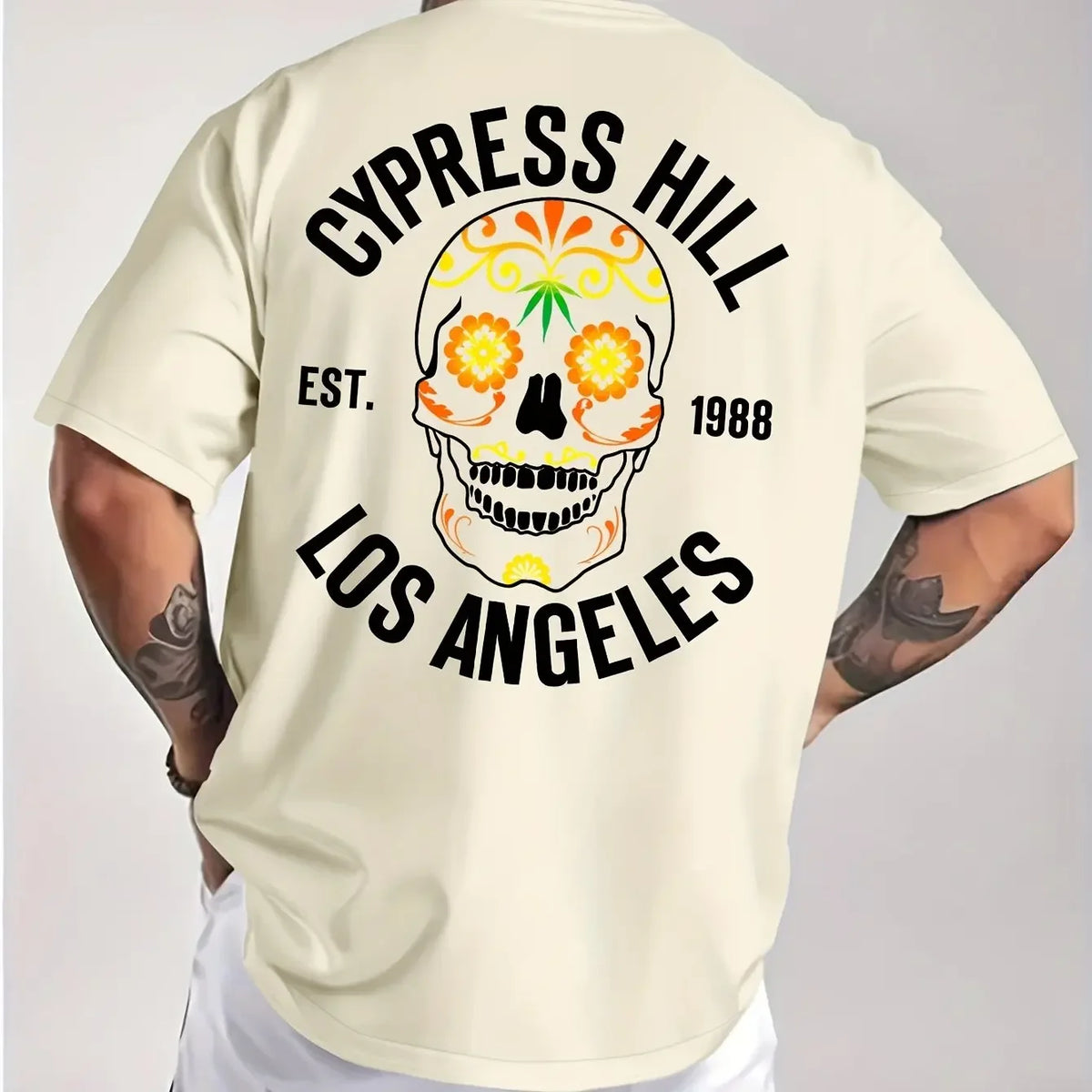 Los Angeles 1988 Sugar Skull Pattern Men's Pure Cotton T-shirt Hip Hop Street Top