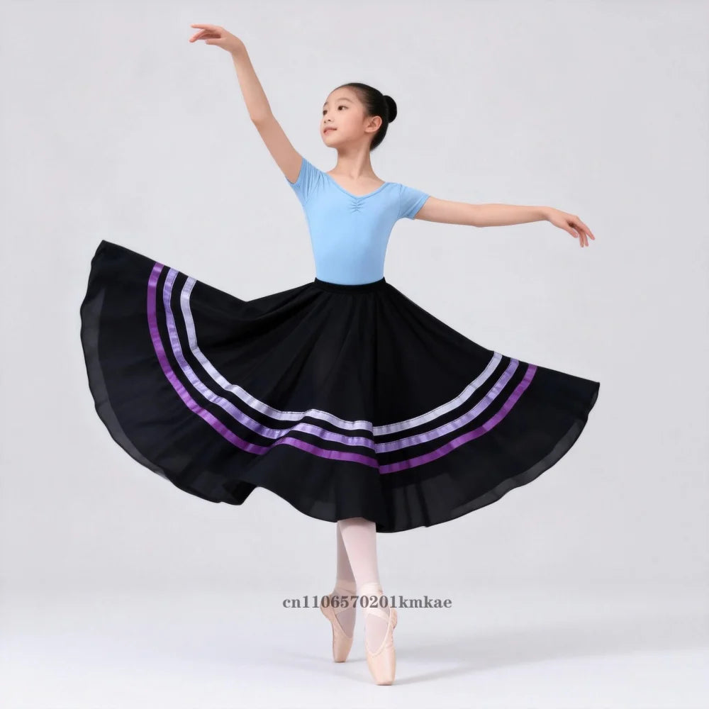 Spanish Traditional Flamenco Dance Skirts Girls Chiffon Elastic Waist Full Circle Ribbons Skirt Large Swing Performing Skirts