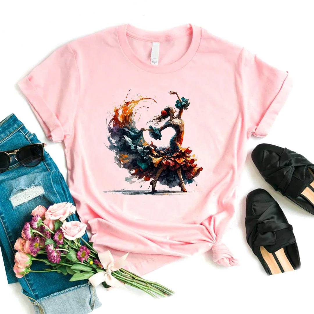 Flamenco Dancer Printed T Shirt Women'S Clothing White Pink Beautiful Tshirt Female Summer Fashion Tops Tee Shirt Femme