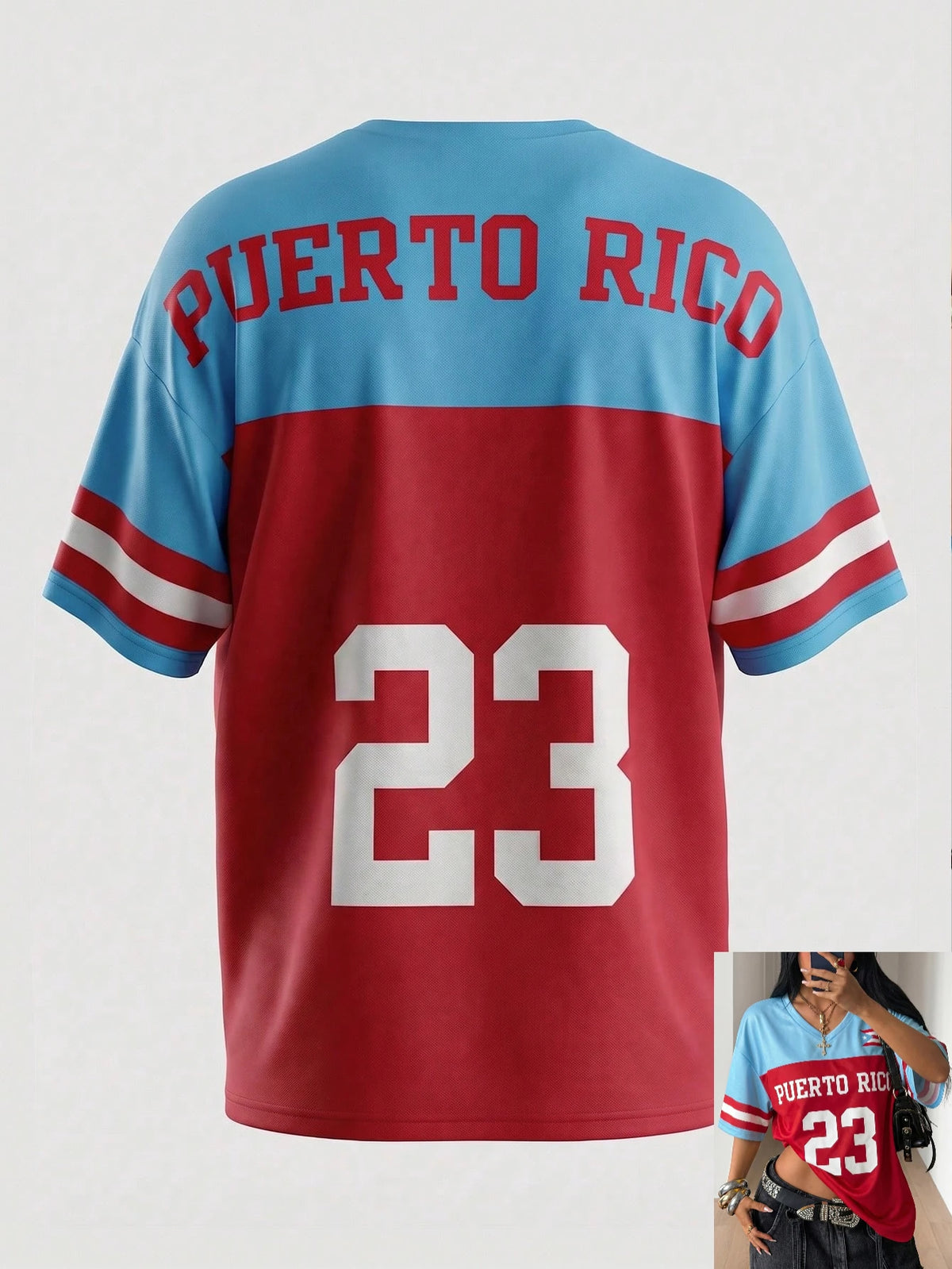 Red and Blue Retro Puerto Rico Style 23 Sports Jersey T Shirt Summer Short Sleeve Loose Fit Sporty Stylish Y2K Women Tops Tee