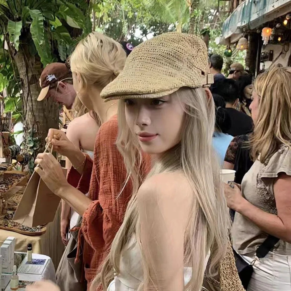 Berets for Men Women Breathable Straw Spring Summer Sun Hat Artist Painter Beret Hat Adjust Flat Cap Unisex Beret Cap