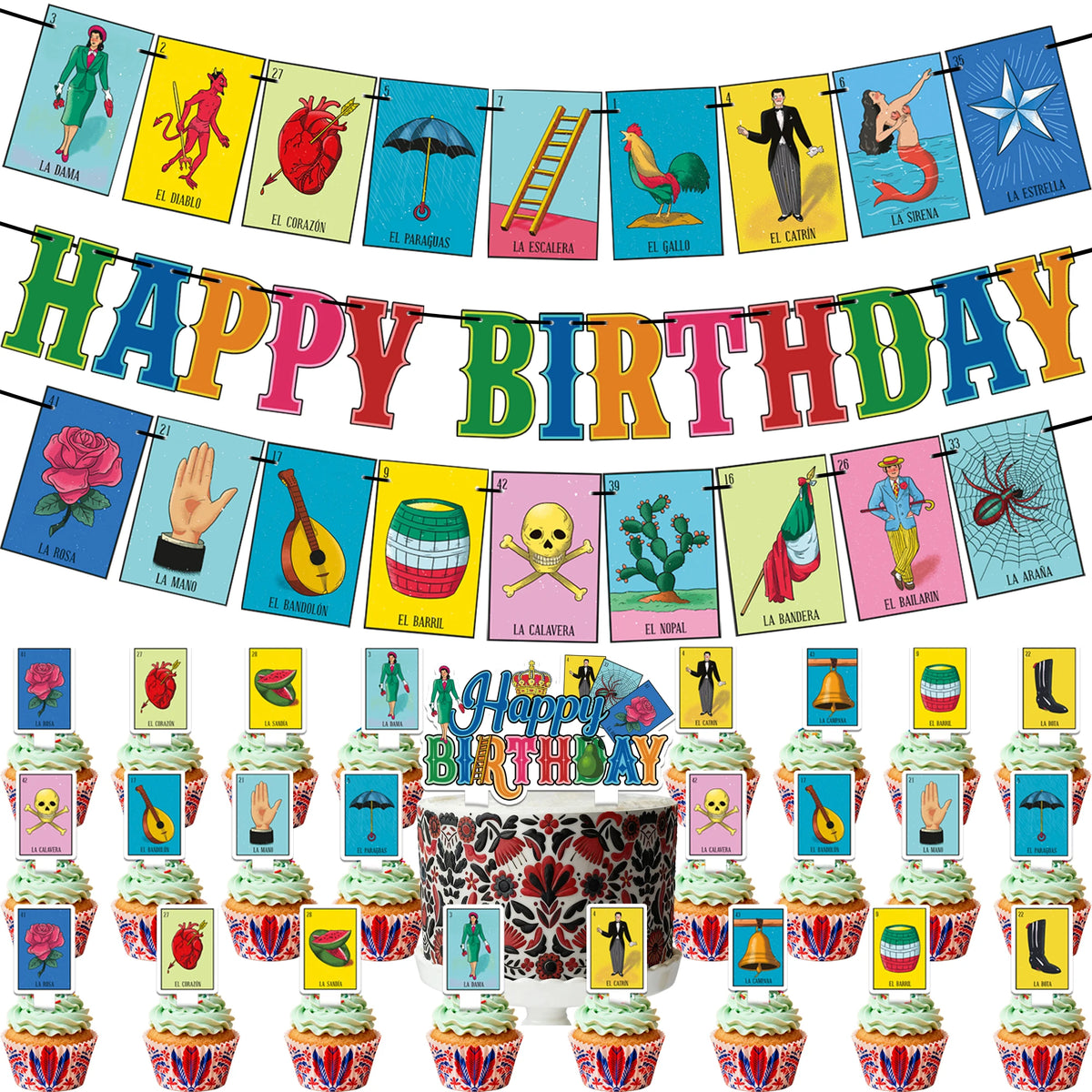 Traditional Colorful Mexican Decoration, Pre-strung Mexican Game Theme Birthday Banner & Cake Cupcake Topper