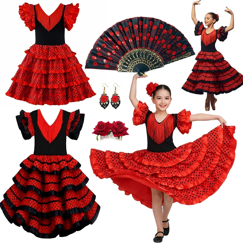 Girls Spanish Flamenco Dance Cosplay Long Dress Kids Carnival Ballroom Stage Outfit for Festival Theme Party Dress‑Up
