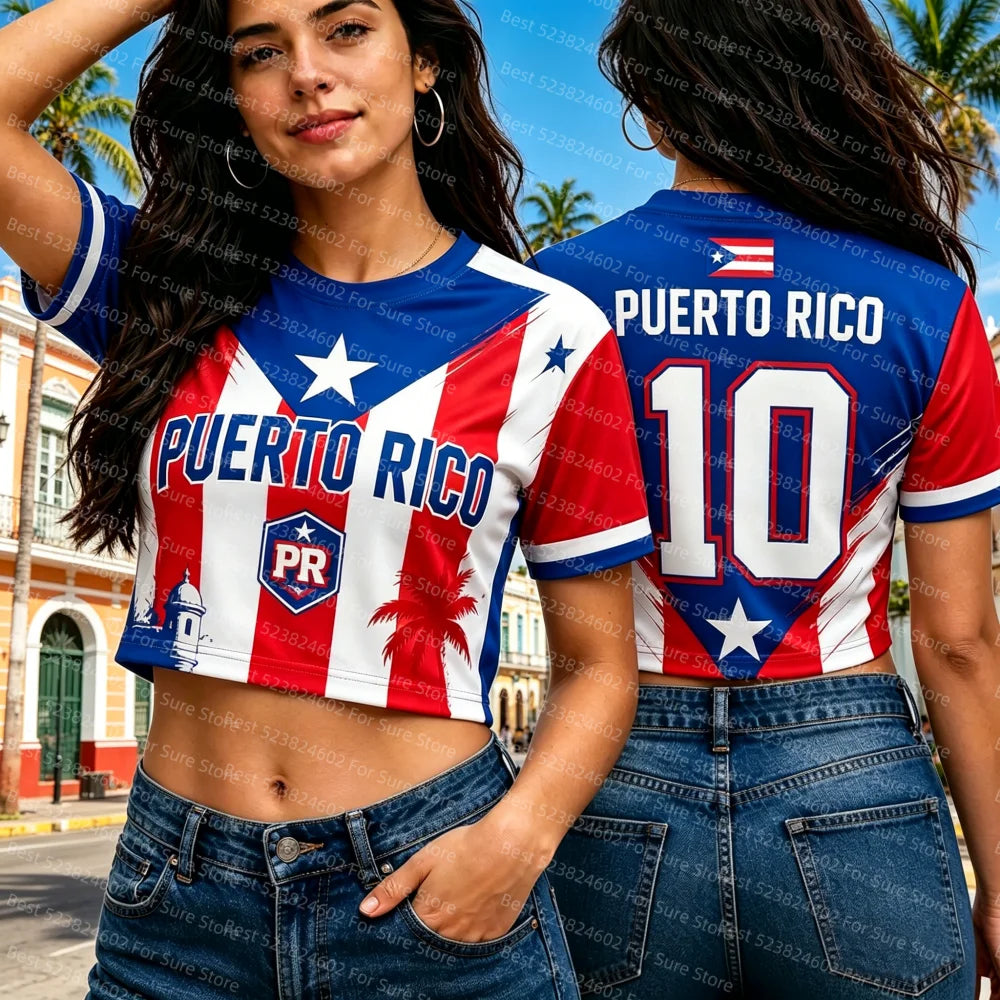 Women Puerto Rico Flag Cropped Jersey Short Sleeve Crew Neck 10# Football Sport T-shirt Casual Y2K Tops For Summer Streetwear