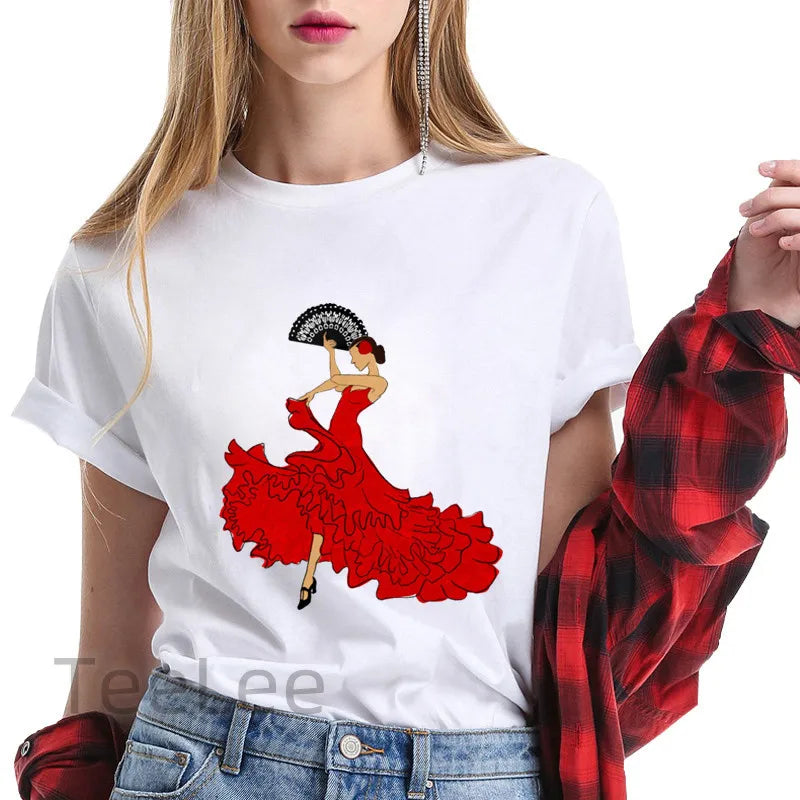 Flamenco T-shirt trends for women's clothing, summer short-sleeved printed graphics, travel ladies, Y2k top T-shirt, T-shirt