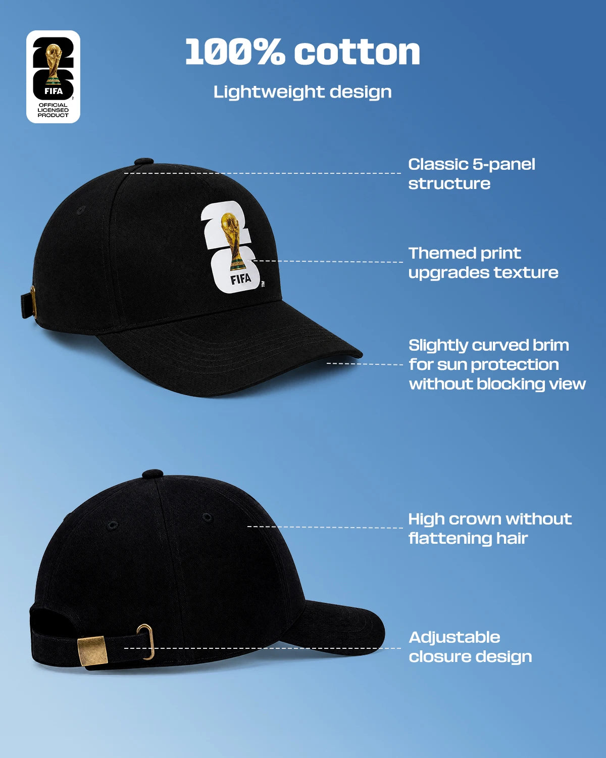 Official FIFA 2026 World Cup Licensed Flat Baseball Cap Breathable Adjustable Baseball Hat for Football Fans