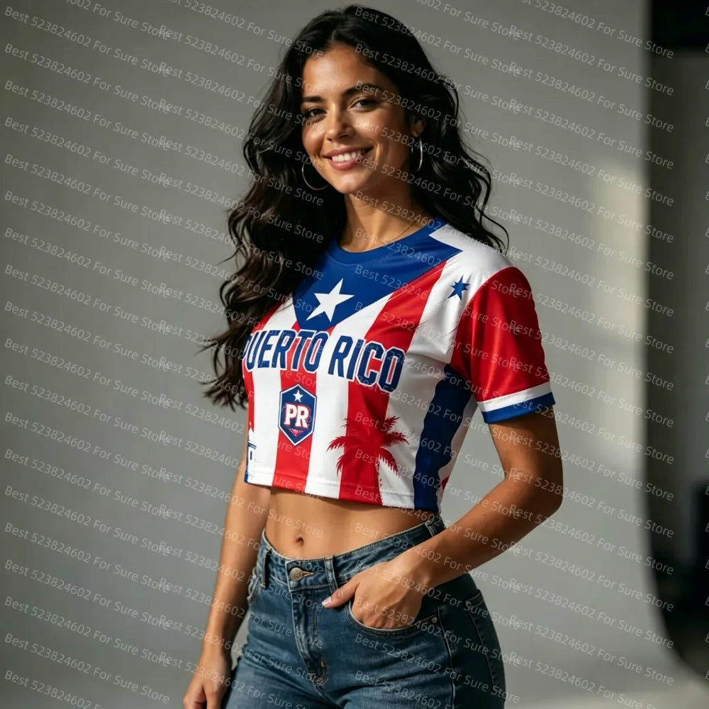 Women Puerto Rico Flag Cropped Jersey Short Sleeve Crew Neck 10# Football Sport T-shirt Casual Y2K Tops For Summer Streetwear
