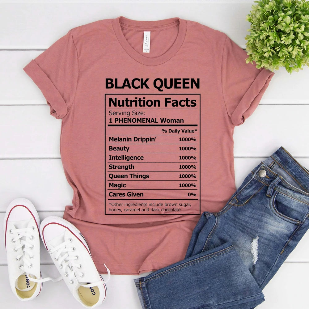 2020 Black Queen Nutritional Facts T-Shirt Black Girl Magic Shirt Women Melanin Shirts Black Power Queen Graphic Tee