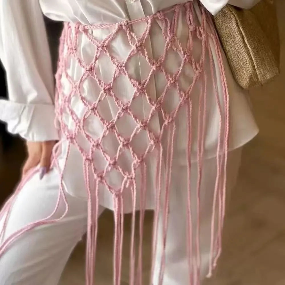 Handwoven Mesh Tassel Waist Belt Woven Ethnic Ancient Waist Decoration Versatile Adjustable Belted Skirt Women's Fashion