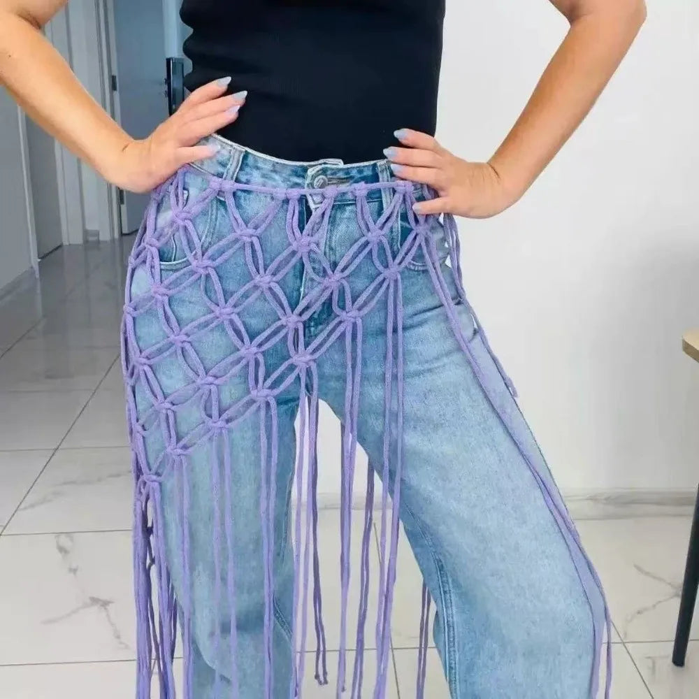 Handwoven Mesh Tassel Waist Belt Woven Ethnic Ancient Waist Decoration Versatile Adjustable Belted Skirt Women's Fashion