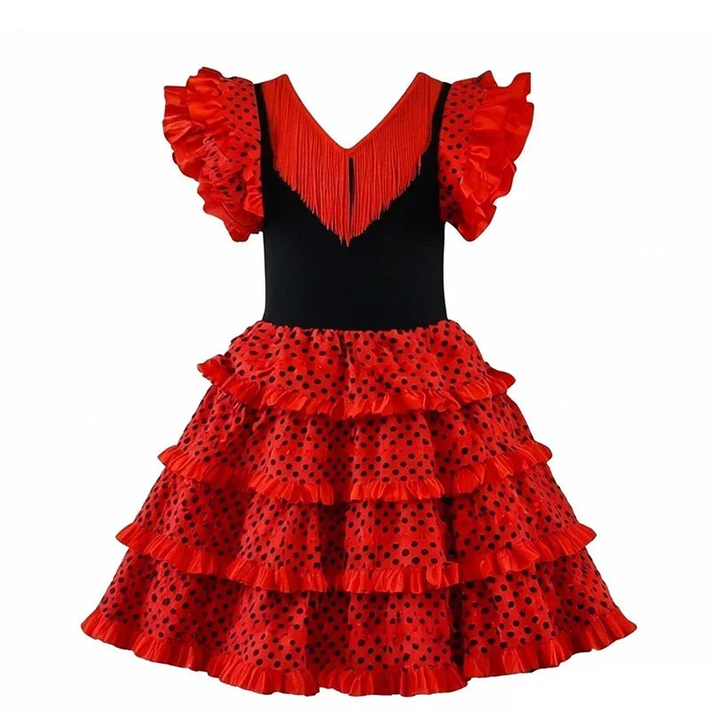 Girls Spanish Flamenco Dance Cosplay Long Dress Kids Carnival Ballroom Stage Outfit for Festival Theme Party Dress‑Up