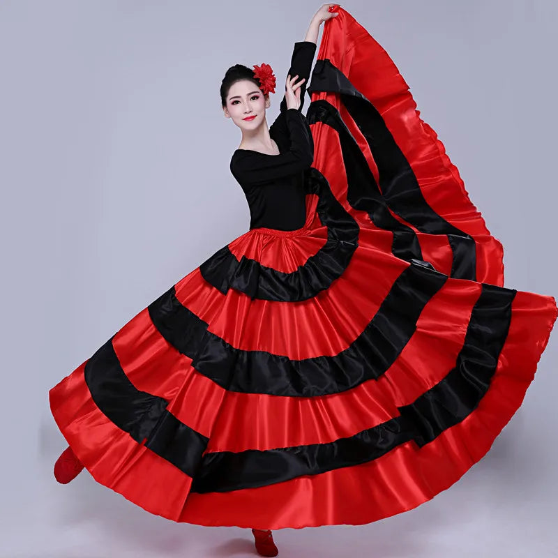 Women Spanish Flamenco Bullfight Dance Skirt Red Black Striped Swing Long Skirt Belly Dance Folk Performance Dance Half Skirt