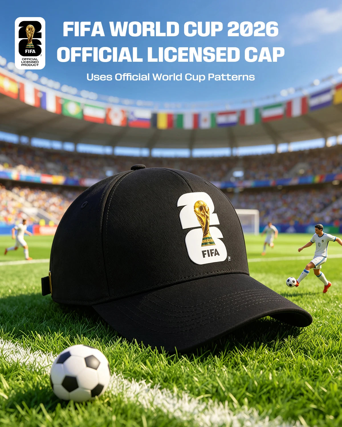Official FIFA 2026 World Cup Licensed Flat Baseball Cap Breathable Adjustable Baseball Hat for Football Fans