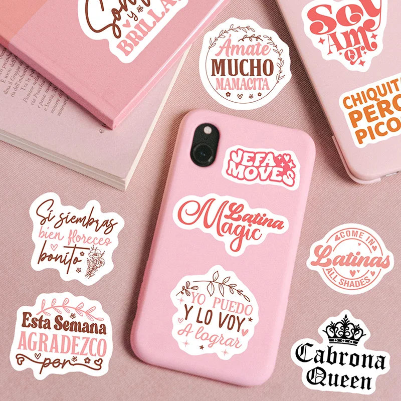 48pcs Latina Positive Quote Stickers Spanish Sayings Waterproof Water Bottle Stickers Scrapbooking Skateboard Luggage Stickers