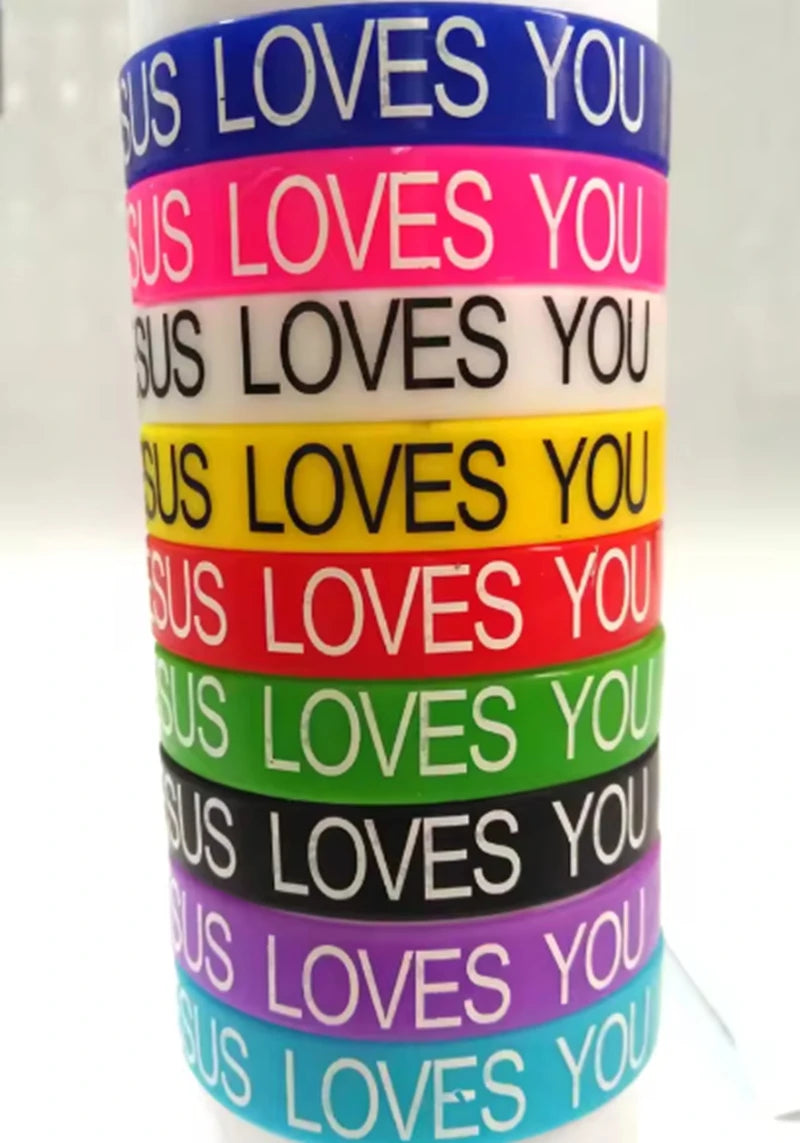 50pcs JESUS silicone Bracelets JESUS LOVES YOU rubber Wristbands Men Women Religious Cuff Jesus Jewelry Wholesale