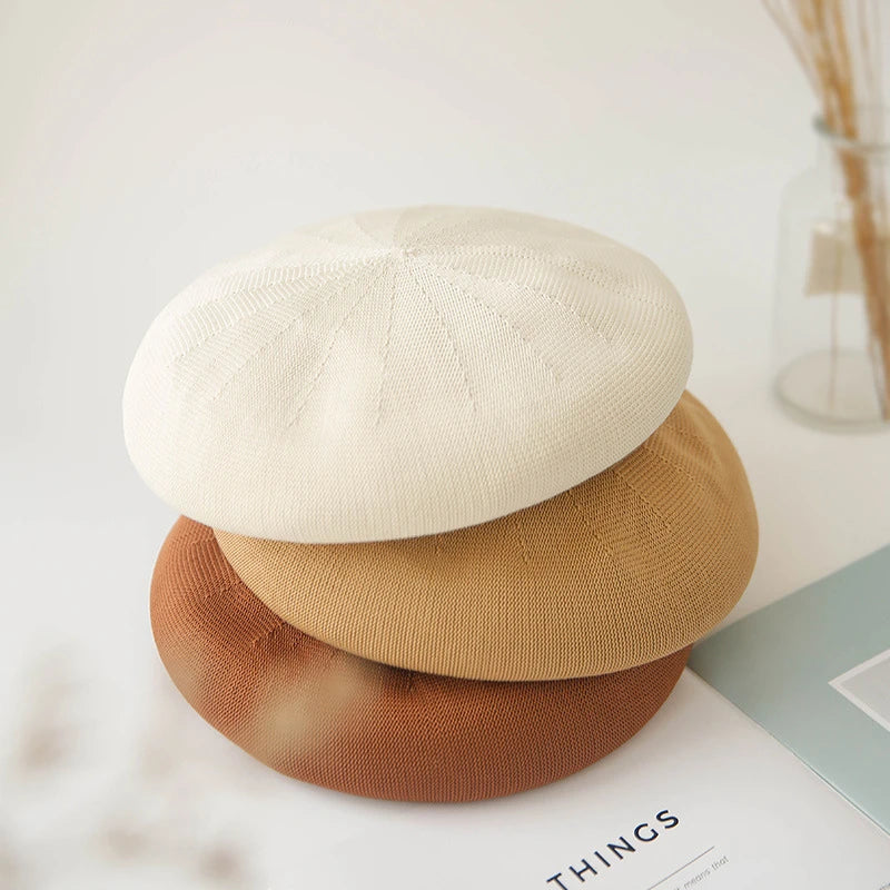 Beret Hat Women Spring Summer Hats For Women Retro Knitted Painter Cap Casual Trendy Design Solid Breathable Thin Cap Female New