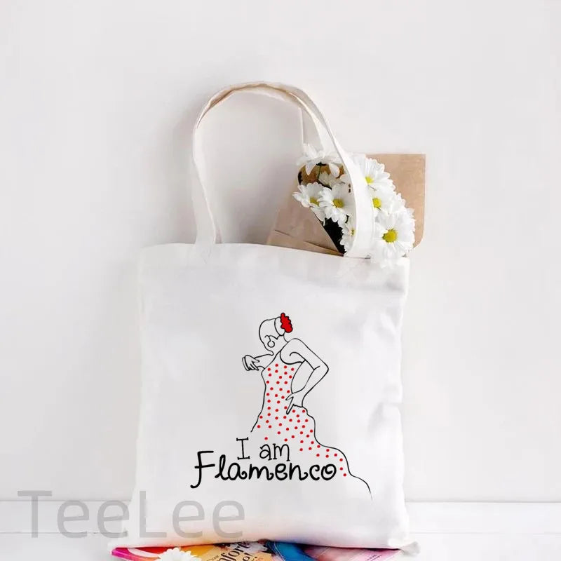 Flamenco Canvas Shoulder Tote Bag Printing Flamenca Spain Sevilla Seville Reusable Grocery Bag Women's Large Shopping Handbags