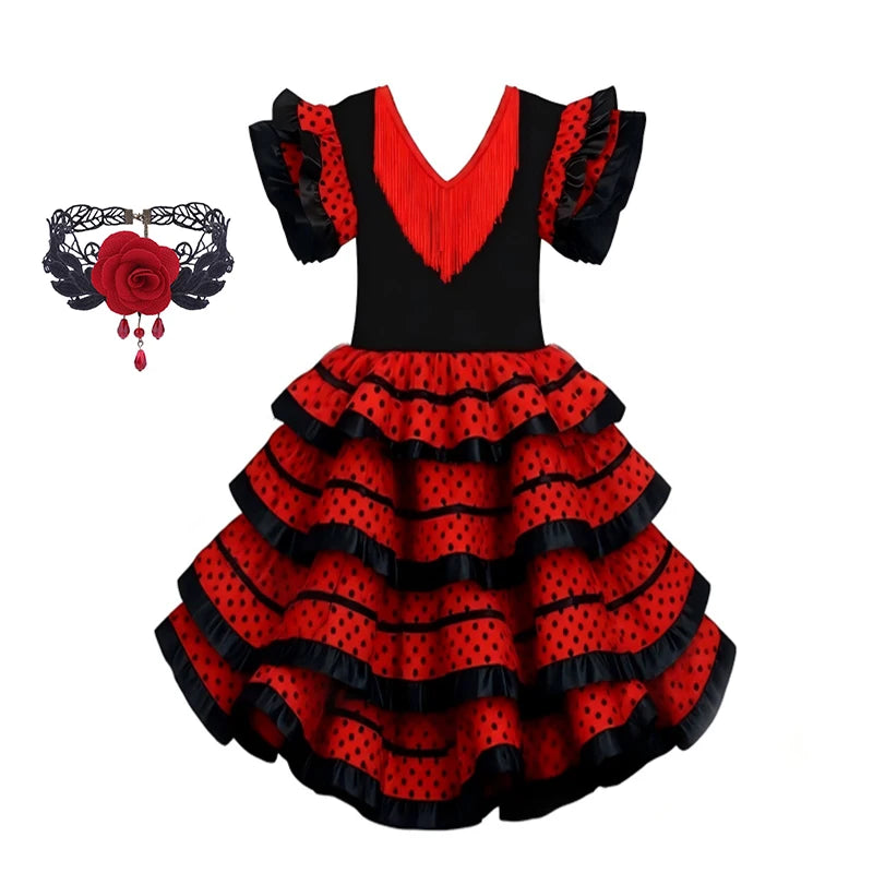 Girls Spanish Flamenco Dance Cosplay Long Dress Kids Carnival Ballroom Stage Outfit for Festival Theme Party Dress‑Up