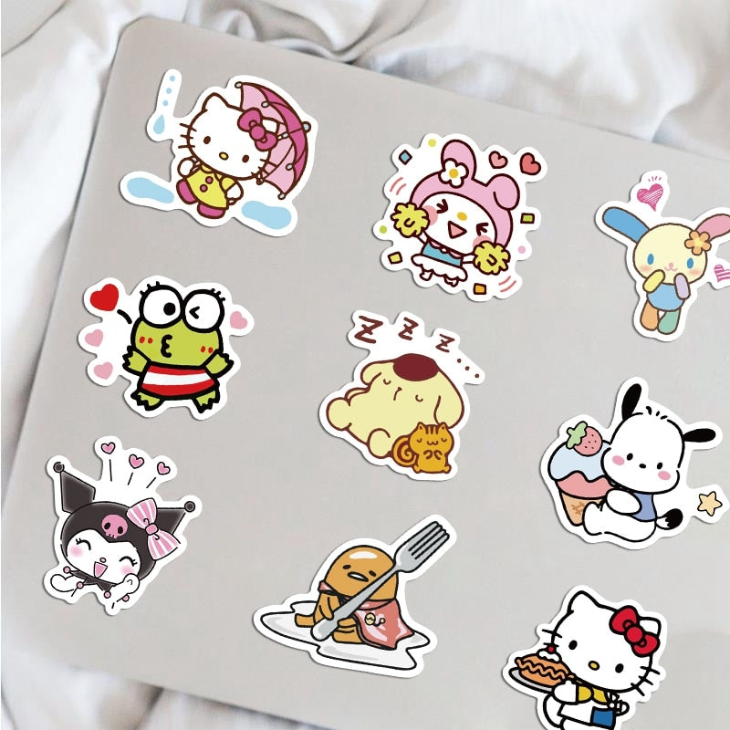 50/100pcs Mixed Cartoon Sanrio Stickers Cute Hello Kitty Cinnamoroll Kuromi My Melody Waterproof Sticker Decals for Kids Toys