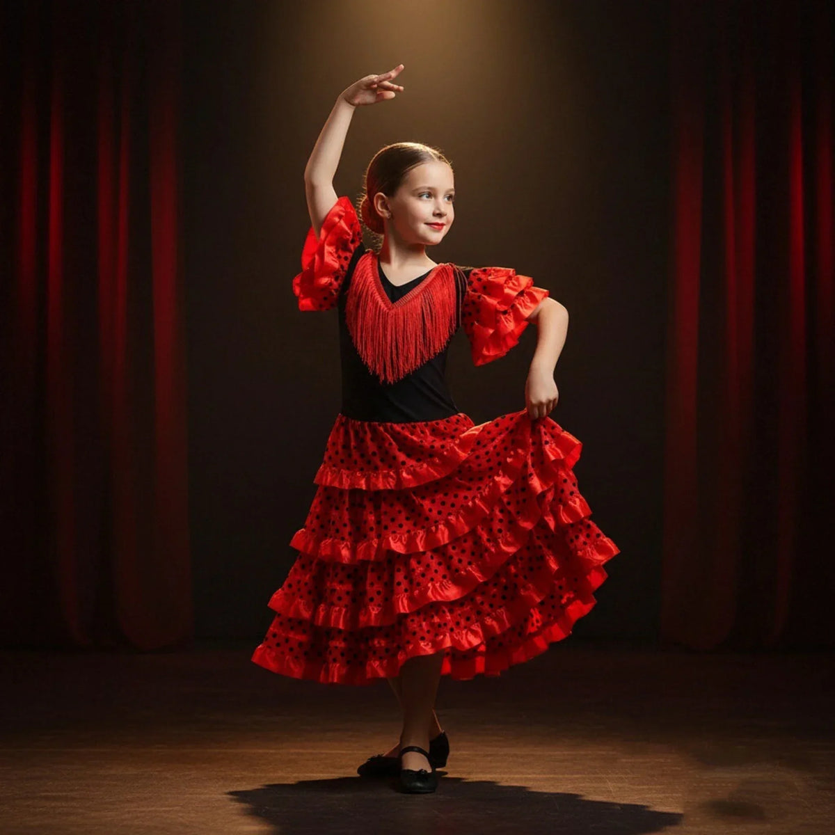 Girls Spanish Flamenco Dance Cosplay Long Dress Kids Carnival Ballroom Stage Outfit for Festival Theme Party Dress‑Up
