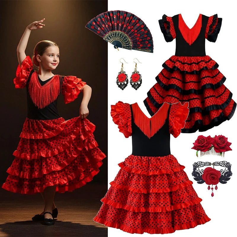 Girls Spanish Flamenco Dance Cosplay Long Dress Kids Carnival Ballroom Stage Outfit for Festival Theme Party Dress‑Up