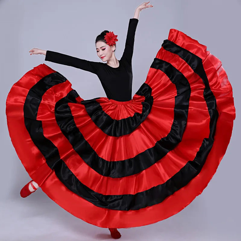 Women Spanish Flamenco Bullfight Dance Skirt Red Black Striped Swing Long Skirt Belly Dance Folk Performance Dance Half Skirt