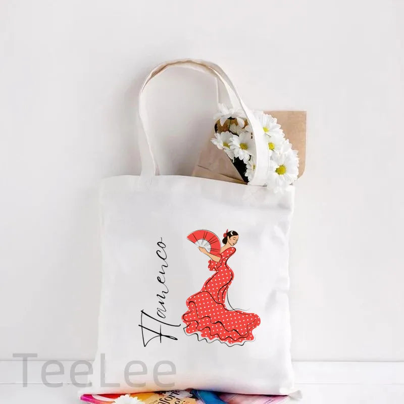 Flamenco Canvas Shoulder Tote Bag Printing Flamenca Spain Sevilla Seville Reusable Grocery Bag Women's Large Shopping Handbags