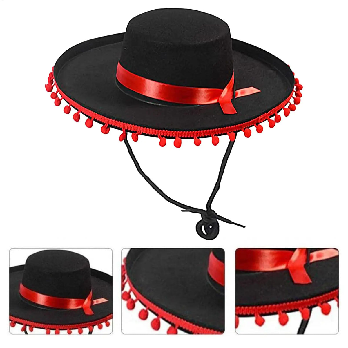 Spanish Mexican Hat Sombrero Caps Traditional Halloween Fuzz Ball Mexican Sombrero Hats Wide Brim Design Carnival Costume