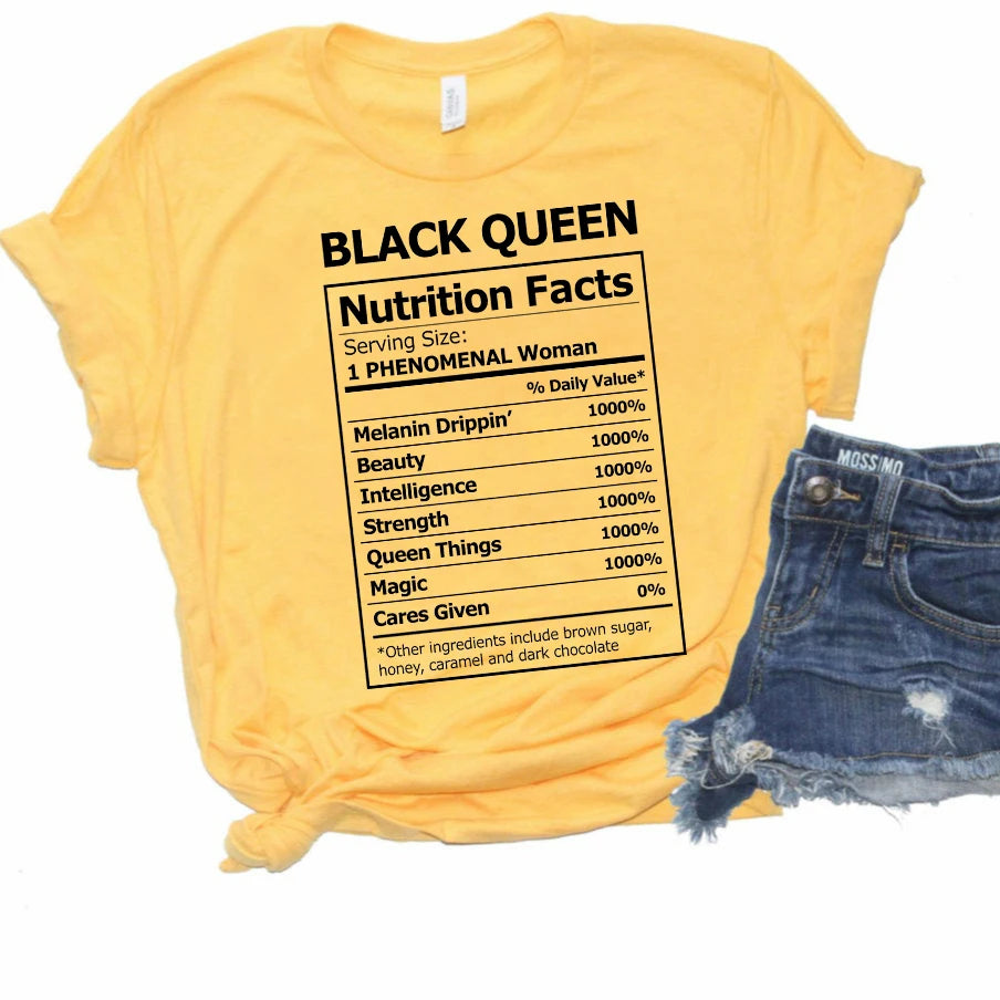2020 Black Queen Nutritional Facts T-Shirt Black Girl Magic Shirt Women Melanin Shirts Black Power Queen Graphic Tee