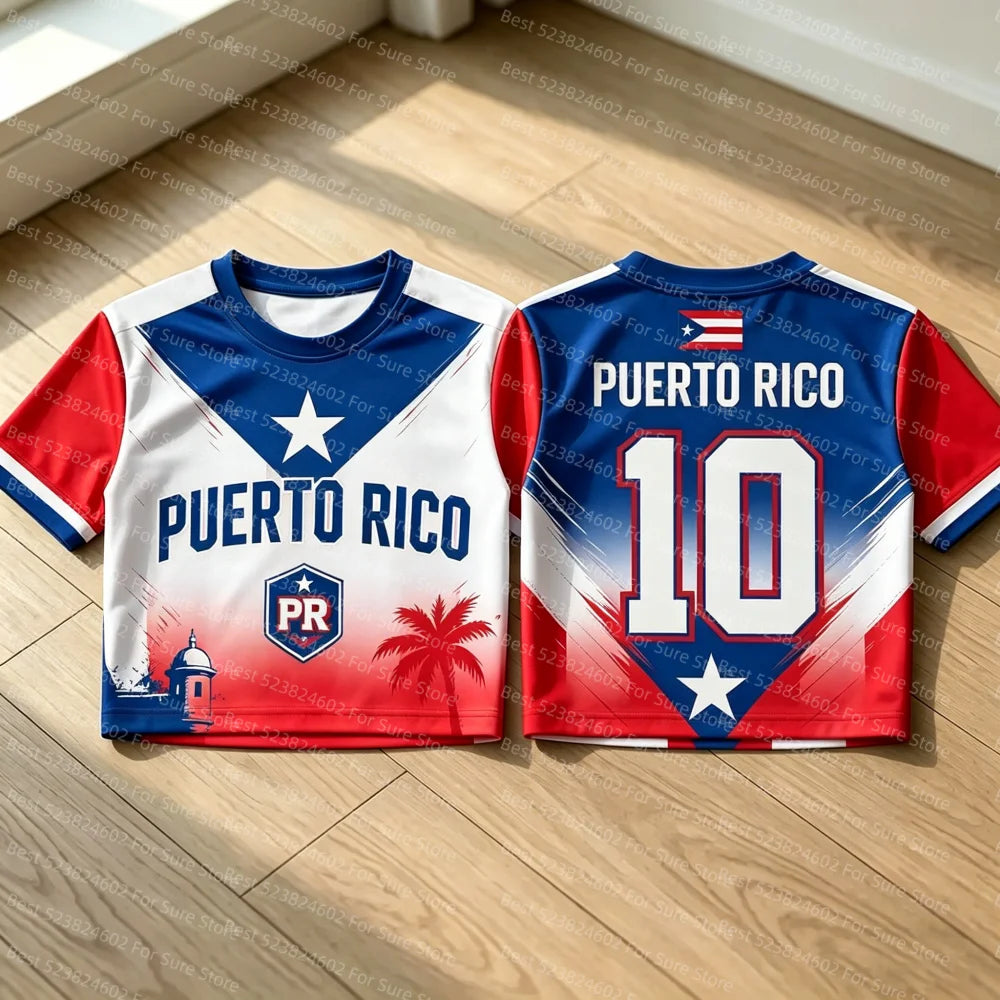 Women Puerto Rico Flag Cropped Jersey Short Sleeve Crew Neck 10# Football Sport T-shirt Casual Y2K Tops For Summer Streetwear
