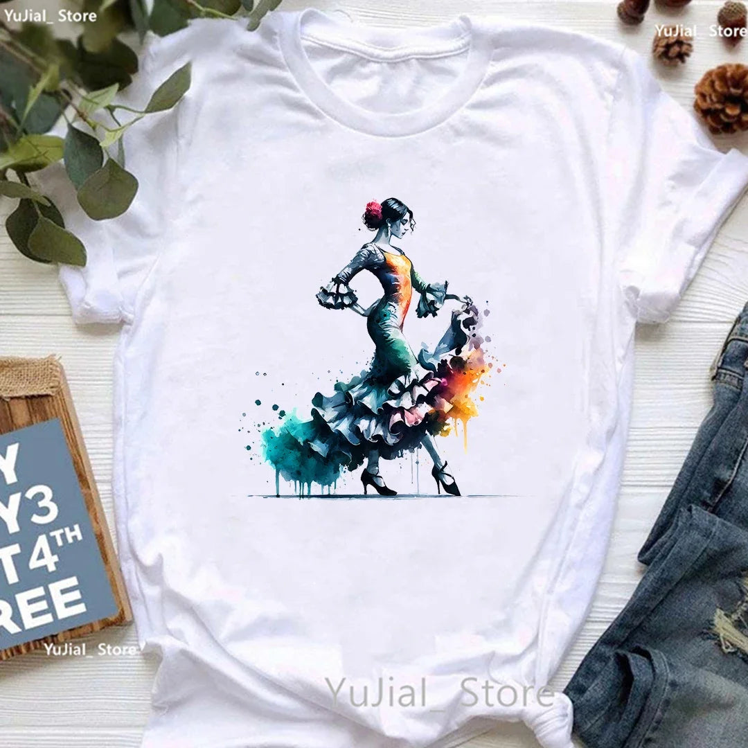 Flamenco Dancer Printed T Shirt Women'S Clothing White Pink Beautiful Tshirt Female Summer Fashion Tops Tee Shirt Femme