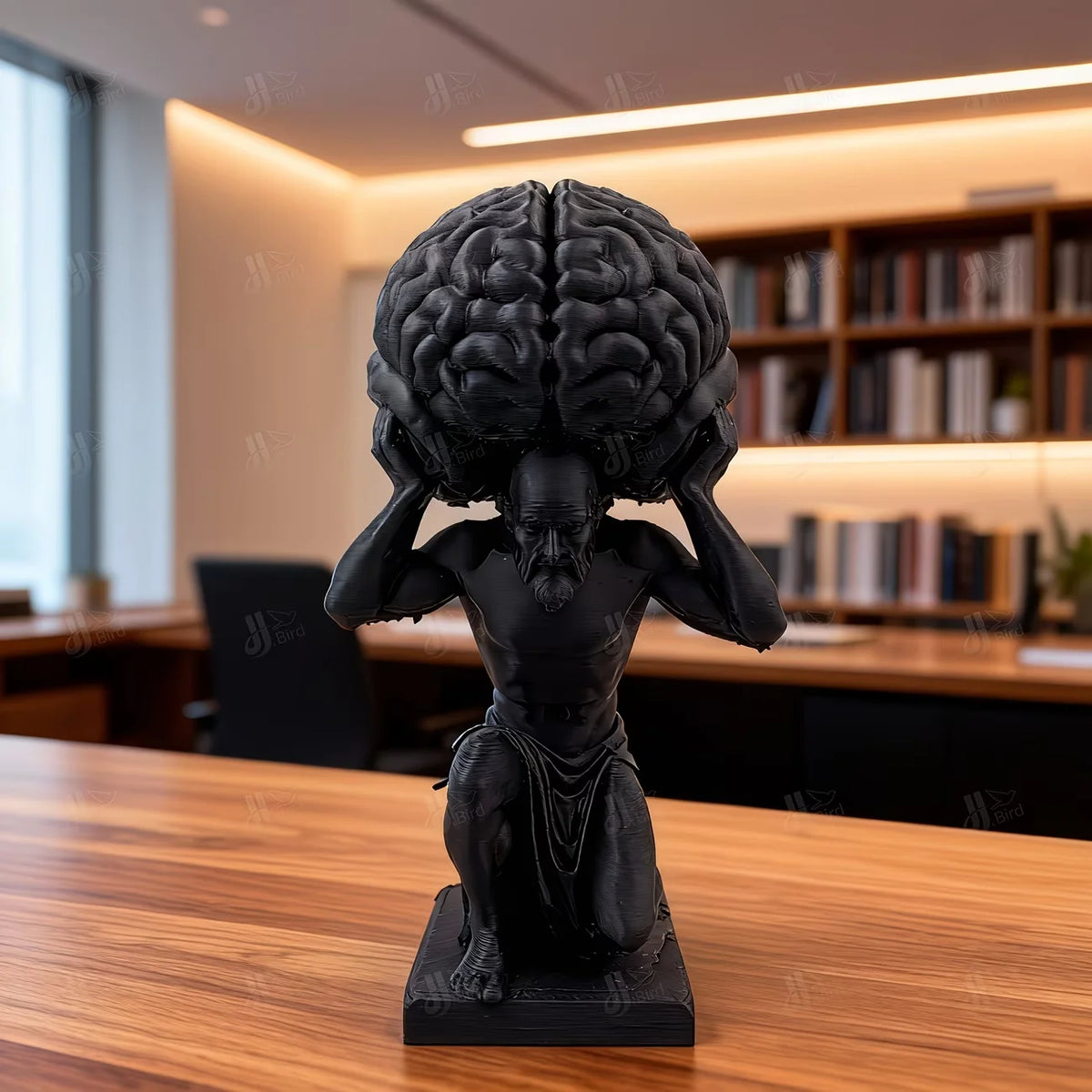 Black "Mind Over Matter" Brain-Bearer Art Figurine, Suitable for Philosophical Study Decor & Distinctive Office Display