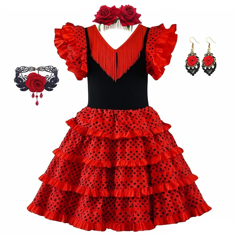 Girls Spanish Flamenco Dance Cosplay Long Dress Kids Carnival Ballroom Stage Outfit for Festival Theme Party Dress‑Up
