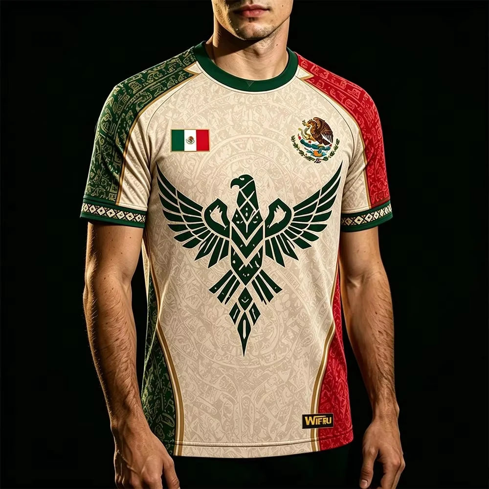 Mexican Flag with Aztec Pattern 3D Print Sports Quick-dry Breatha Men T-shirt Outdoor Clubs Team Training Parent-child Clothing